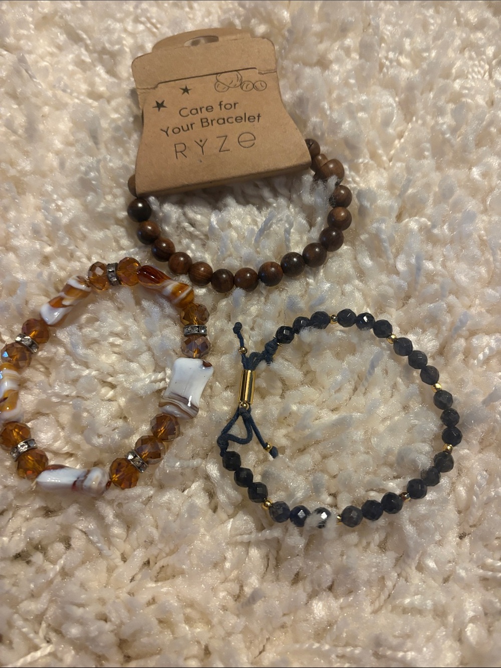 Brown Wood Bead Bracelet and two  brown sparkle bracelets